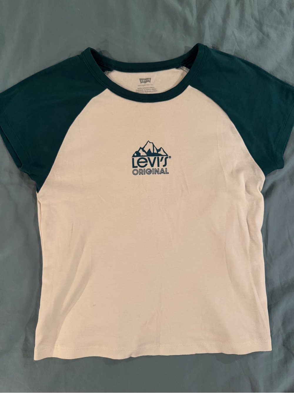 Levi's White Tee with Dark Teal Raglan Sleeves
